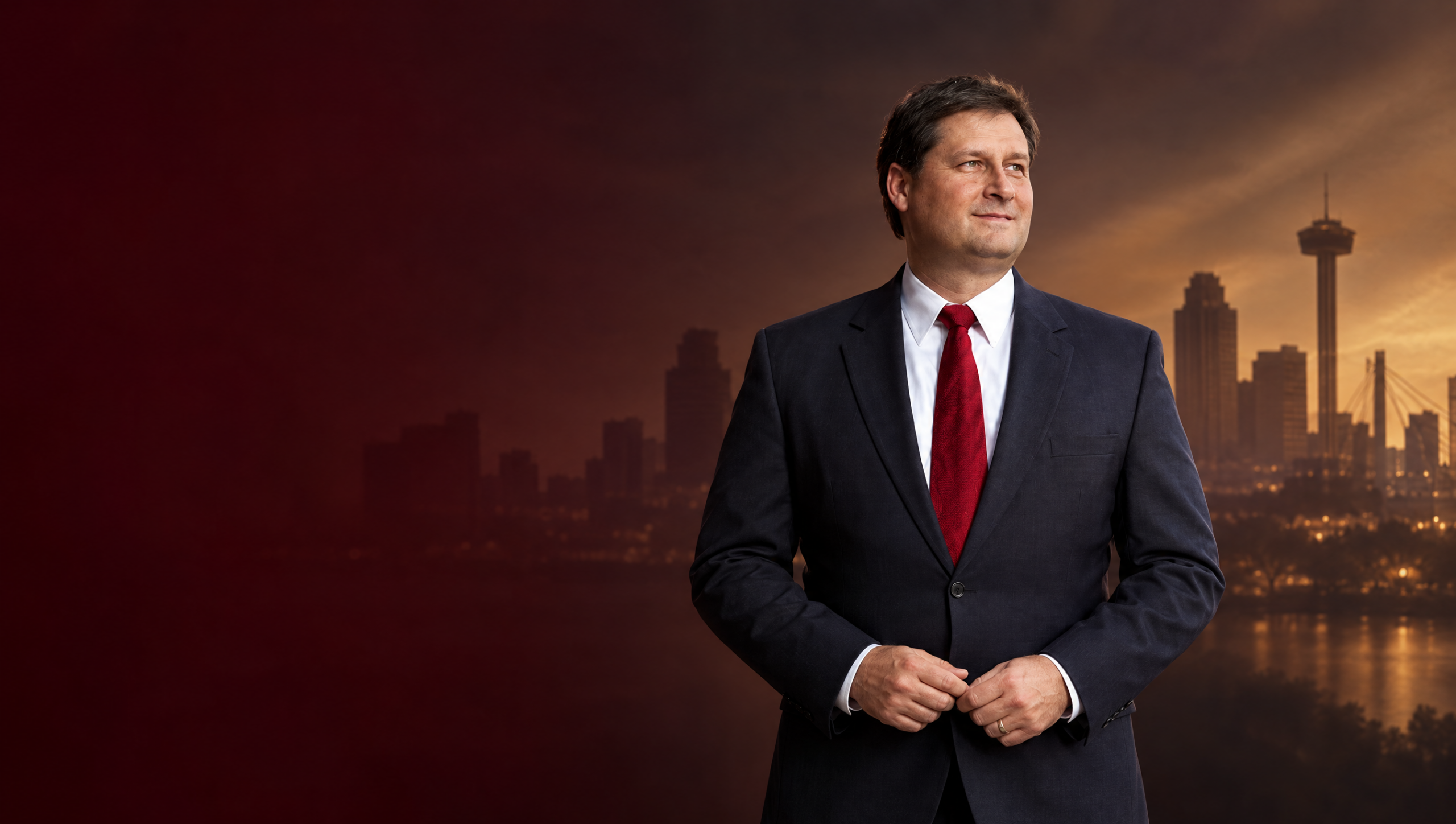 Portrait of Patrick Von Dohlen with an artistic San Antonio skyline background